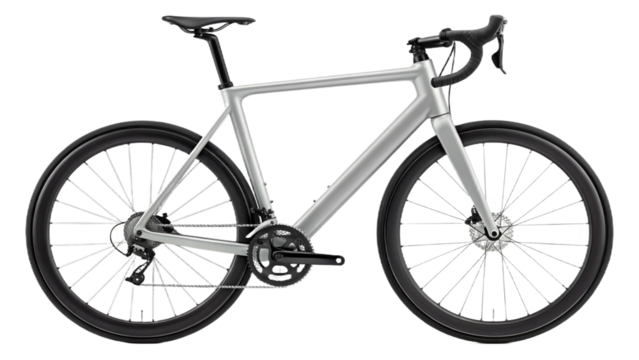 A silver road bicycle with black wheels and components isolated on a black background in a studio shot created with generated ai - Powered by Adobe