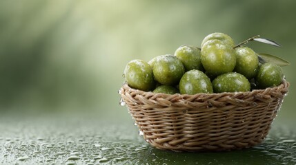 Green olives in a basket on a green background with water drops, close-up view, commercial photography, photorealistic, high resolution, high detail, copy space concept. 