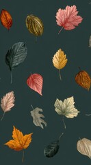 Watercolor leaves of various autumnal hues scattered against a dark teal background