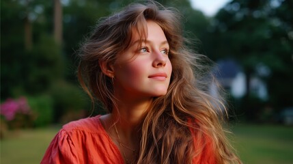 Naklejka premium Young woman enjoying a serene evening in nature with soft sunlight illuminating her features and flowing hair
