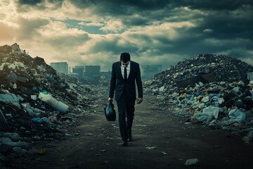 Sad image of businessman walking around ultra polluted urban area 