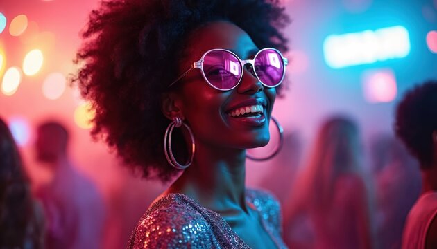 Young Black woman smiles wearing big pink sunglasses and hoop earrings. She enjoys party with neon lights and disco ball effects. She wears sparkly dress and has afro hair.