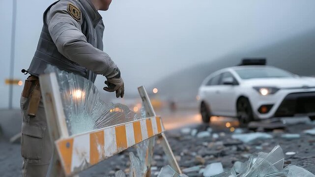 A traffic officer, their face stern, redirects cars with a flashlight, its beam cutting through fog. A plastic barricade, its edges worn, blocks a lane. A car&rsquo;s tire, its tread scuffed, rests on
