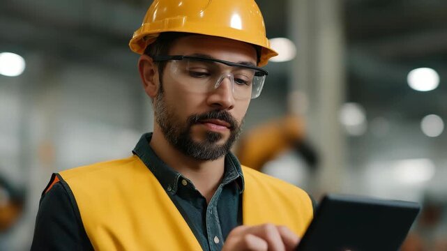 A construction worker in a yellow hard hat and safety goggles operates a tablet, underscoring the integration of technology in modern industrial environments.