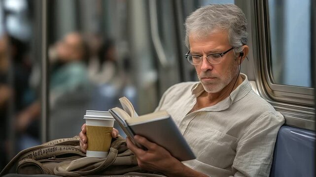 Absorbed in media consumption, a commuter reads a blog on a tablet, its screen glowing, on a subway seat, its vinyl cracked, oblivious to the crowd. A paper coffee cup, its lid warped, steams in