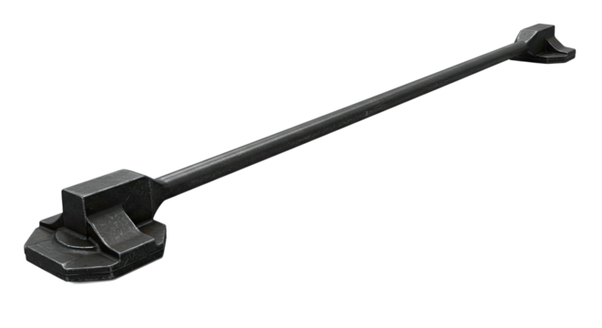 Black metal door latch with a long bar and decorative ends.