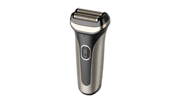 Close up shot of a silver and black electric shaver with a dual blade head on a black background created with generated ai