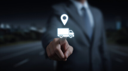 Businessman Touching Delivery Truck and Location Icon on Digital Interface, Representing Logistics Management, Shipment Tracking, Supply Chain Efficiency and Global Business Delivery