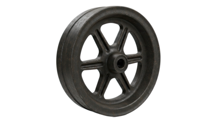 Black wheel with six spokes for industrial machinery and transport.