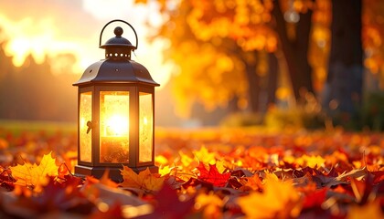 Vintage lantern glowing among colorful autumn leaves, with background space for text