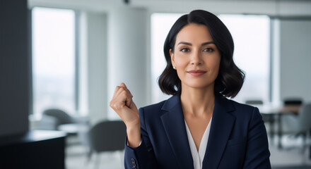 Obraz premium Confident Businesswoman Celebrating Success in Modern Office