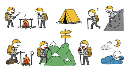 Cartoon Hiker Camping And Mountaineering Adventure Set