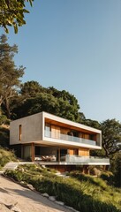 a modern, multi-level home with concrete and wood facade blends seamlessly into a lush, green hillside landscape under a clear blue sky.
