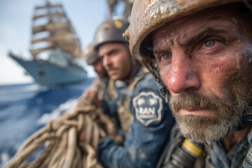 Fototapeta premium Close-up of Crew Members with Ship in the Background