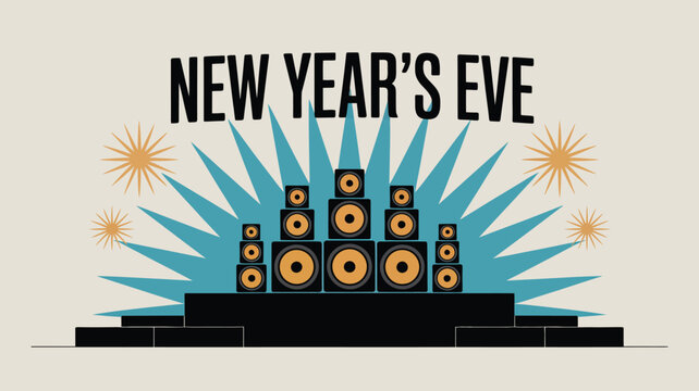 New year's eve graphic with speakers, rays, and starbursts for a festive celebration design