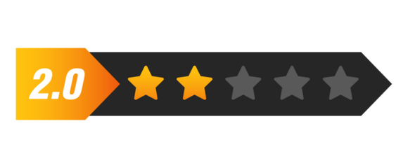 Two star rating bar with numeric label 2.0 in arrow format, poor review feedback score for low customer satisfaction, PNG with transparent background
