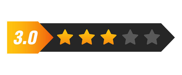 Three star rating bar with numeric label 3.0 in arrow shape, average customer feedback score for service and quality, PNG with transparent background