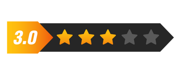 Three star rating bar with numeric label 3.0 in arrow shape, average customer feedback score for service and quality, PNG with transparent background