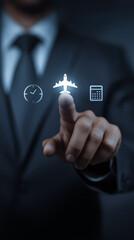 Businessman Touching Airplane, Calendar and Clock Icons Representing Business Travel Planning, Corporate Meetings Abroad, Time Management and Professional Scheduling, Vertical