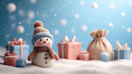 A cheerful snowman stands in fresh white snow surrounded by colorful wrapped presents under a clear winter sky, perfect for holiday and festive themes.