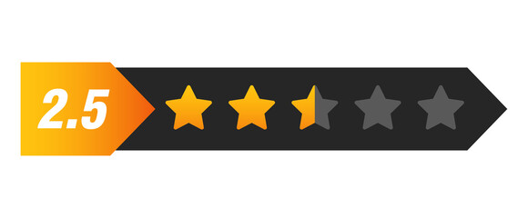 Two and a half star rating bar with numeric label 2.5 in arrow design, below average customer review feedback score, PNG with transparent background