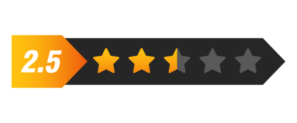 Two and a half star rating bar with numeric label 2.5 in arrow design, below average customer review feedback score, PNG with transparent background