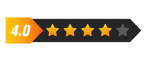 Four star rating bar with numeric label 4.0 in arrow style, strong review feedback score for...