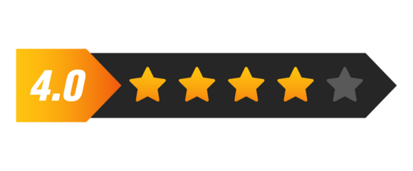 Four star rating bar with numeric label 4.0 in arrow style, strong review feedback score for customer satisfaction and service quality, PNG with transparent background