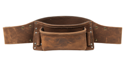 Brown Leather Tool Belt with Pockets on White Background.