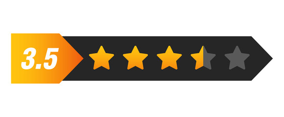 Three and a half star rating bar with numeric label 3.5 in arrow format, medium high review feedback score, PNG with transparent background