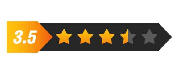 Three and a half star rating bar with numeric label 3.5 in arrow format, medium high review feedback score, PNG with transparent background