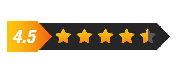 Four and a half star rating bar with numeric label 4.5 in arrow design, high customer review feedback score, PNG with transparent background