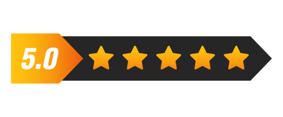 Five star rating bar with numeric label 5.0 inside arrow design, perfect customer review feedback and quality score symbol, PNG with transparent background