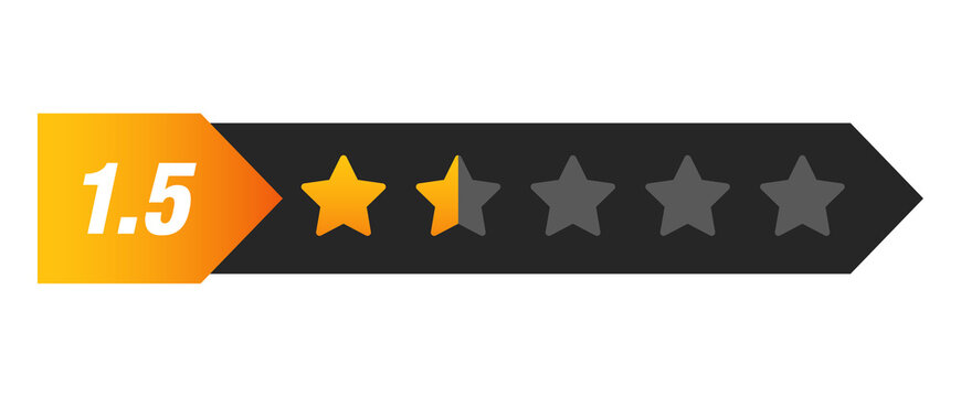 One and a half star rating bar with numeric label 1.5 in arrow style, very low customer review score and dissatisfaction feedback, PNG with transparent background