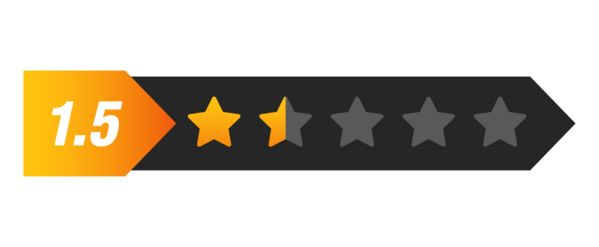One and a half star rating bar with numeric label 1.5 in arrow style, very low customer review score and dissatisfaction feedback, PNG with transparent background
