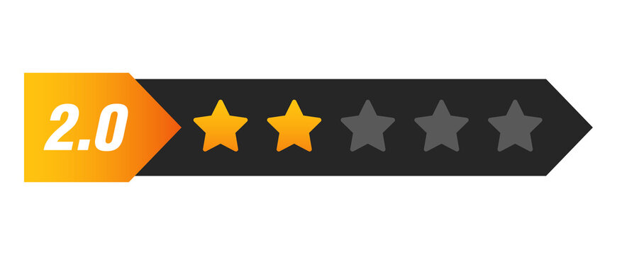 Two star rating bar with numeric label 2.0 in arrow format, poor review feedback score for low customer satisfaction, PNG with transparent background