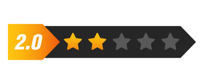 Two star rating bar with numeric label 2.0 in arrow format, poor review feedback score for low customer satisfaction, PNG with transparent background