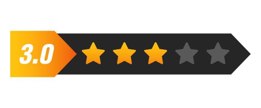 Three star rating bar with numeric label 3.0 in arrow shape, average customer feedback score for service and quality, PNG with transparent background