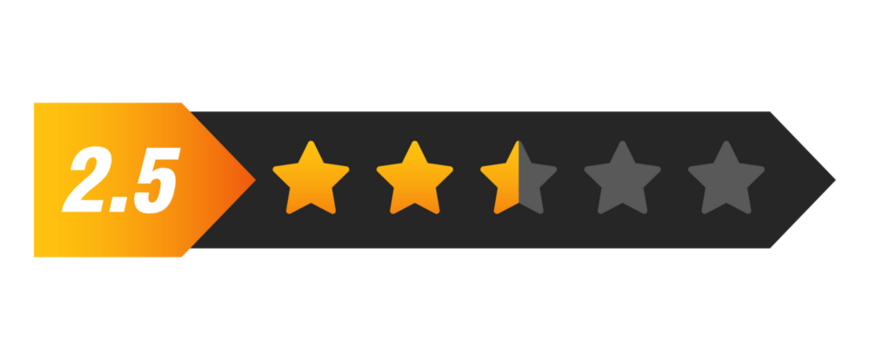 Two and a half star rating bar with numeric label 2.5 in arrow design, below average customer review feedback score, PNG with transparent background
