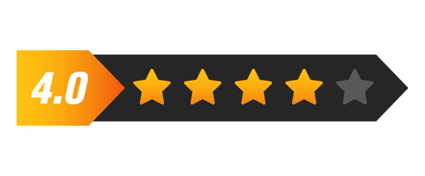 Four star rating bar with numeric label 4.0 in arrow style, strong review feedback score for customer satisfaction and service quality, PNG with transparent background