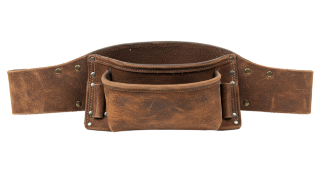 Brown Leather Tool Belt with Pockets on White Background.