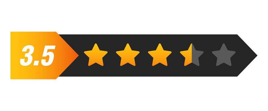 Three and a half star rating bar with numeric label 3.5 in arrow format, medium high review feedback score, PNG with transparent background