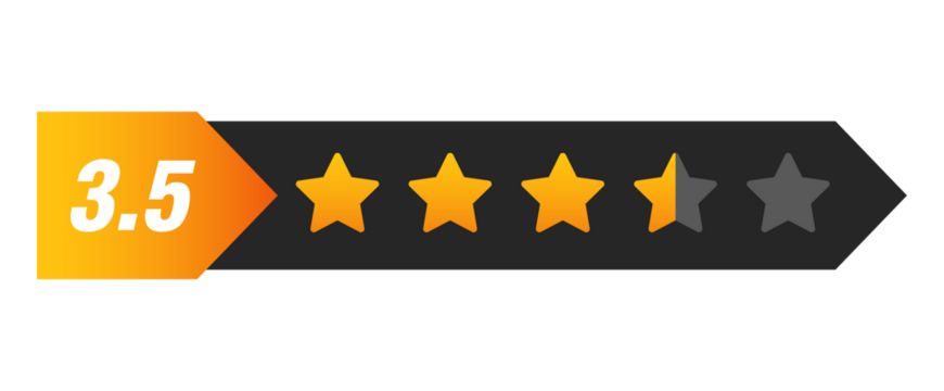 Three and a half star rating bar with numeric label 3.5 in arrow format, medium high review feedback score, PNG with transparent background