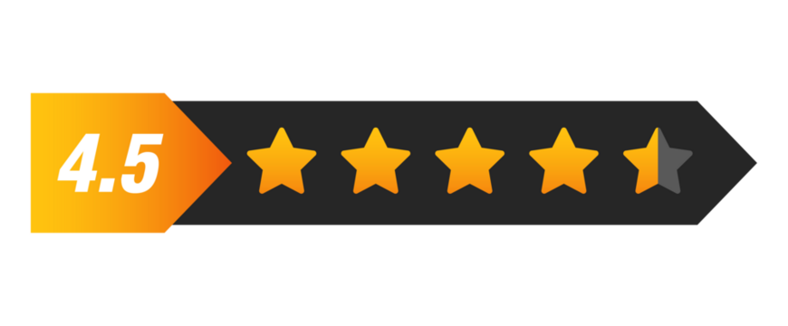 Four and a half star rating bar with numeric label 4.5 in arrow design, high customer review feedback score, PNG with transparent background
