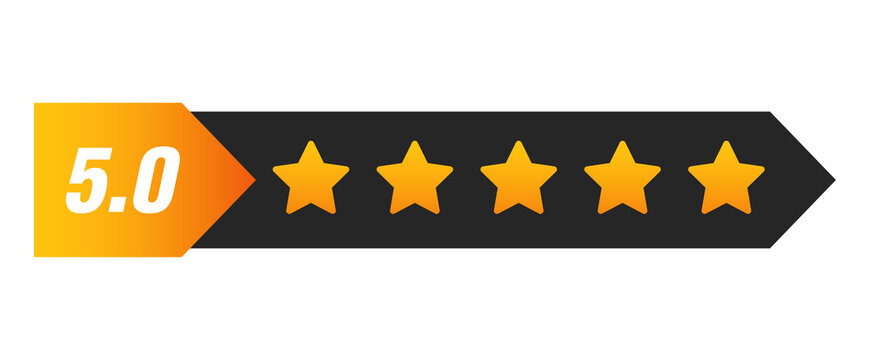 Five star rating bar with numeric label 5.0 inside arrow design, perfect customer review feedback and quality score symbol, PNG with transparent background