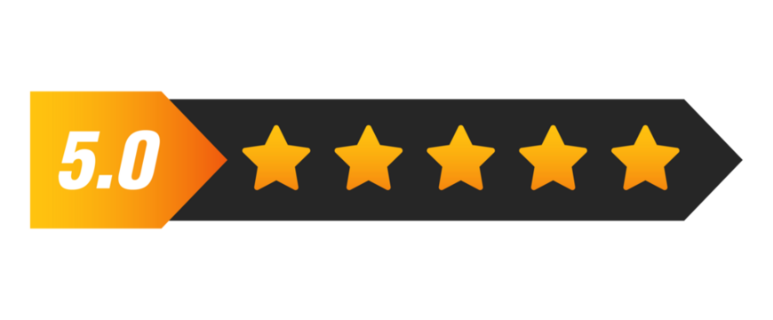 Five star rating bar with numeric label 5.0 inside arrow design, perfect customer review feedback and quality score symbol, PNG with transparent background