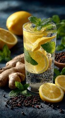 Glass of lemon water with lemon slices and mint leaves surrounded by ginger and black pepper, sunlit vibrant colors, refreshing healthy drink concept