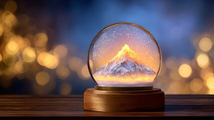 Obraz premium Snow globe displaying a mountain scene with shimmering lights at a cozy setting