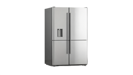 Isolated stainless steel refrigerator with four doors and water dispenser on a black background created with generated ai