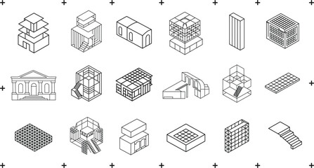 Isometric Modern Architectural Building Set with Geometric Line Structures